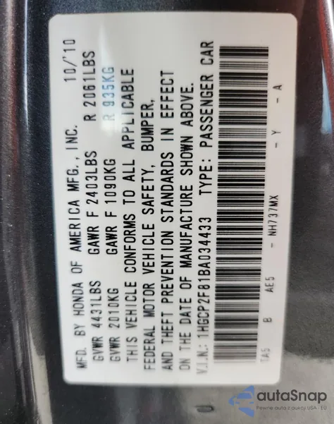 2011 Honda Accord Exl z USA, uszkodzony, nr VIN 1HGCP2F81BA034433